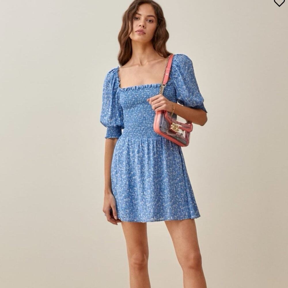 REFORMATION Sz 6 S Elle Lassen Light Blue Mini Dress Puff Sleeve Smocked Ruffle